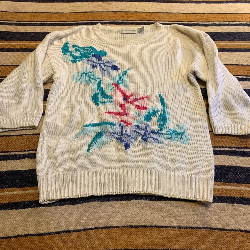 VTG Floral Knit Sweater Cream Pastel Granny Retro Small Cottage Artsy Pastel